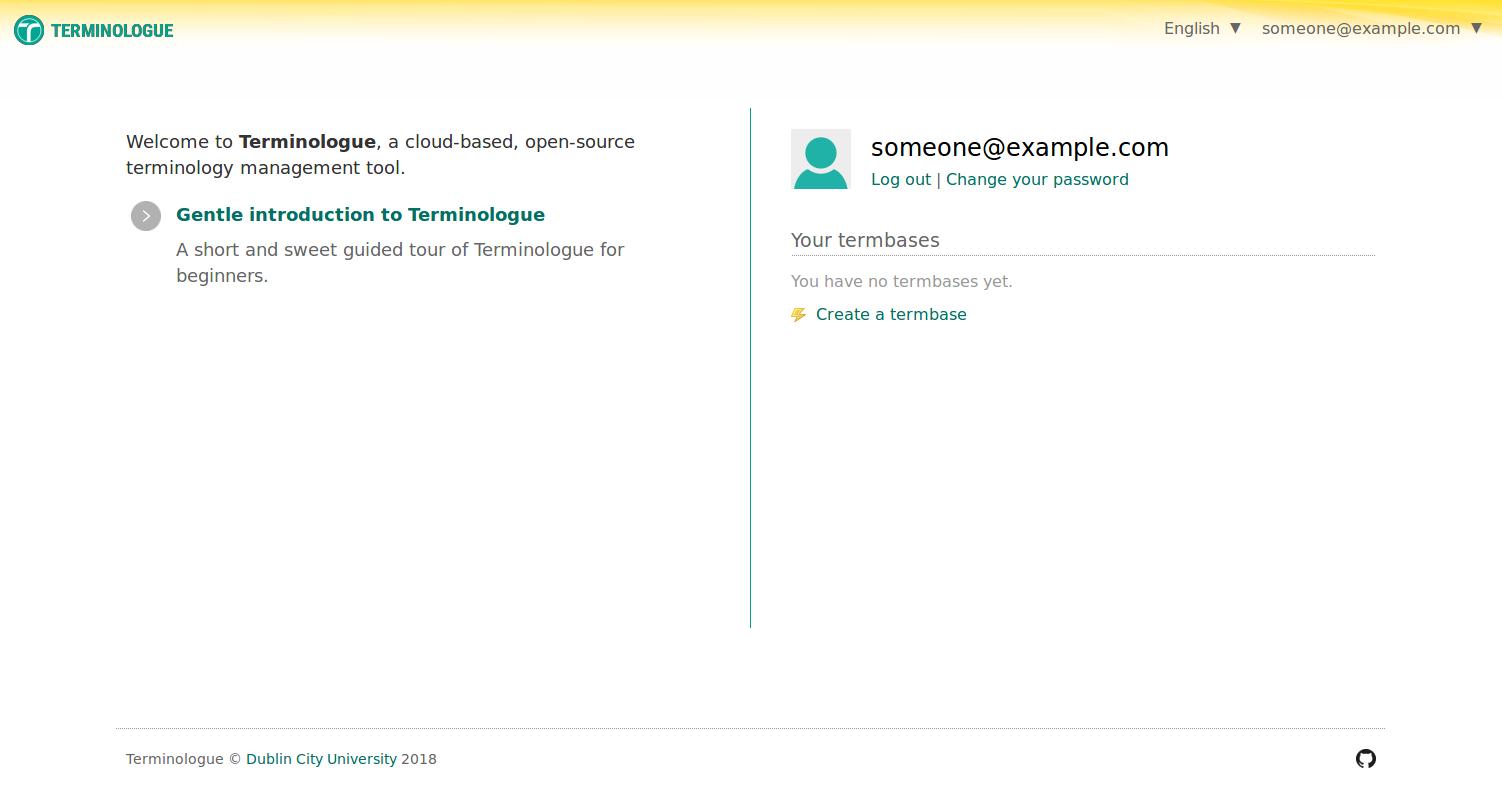 Your personal Terminologue homepage after you have logged in.