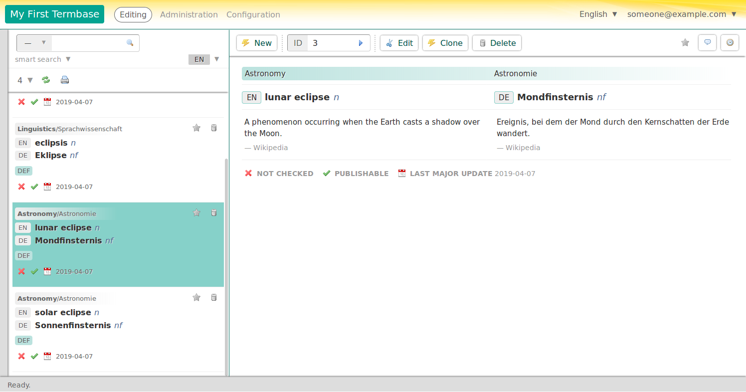 Terminologue’s editing interface, showing the list of entries on the left and one entry open on the right.